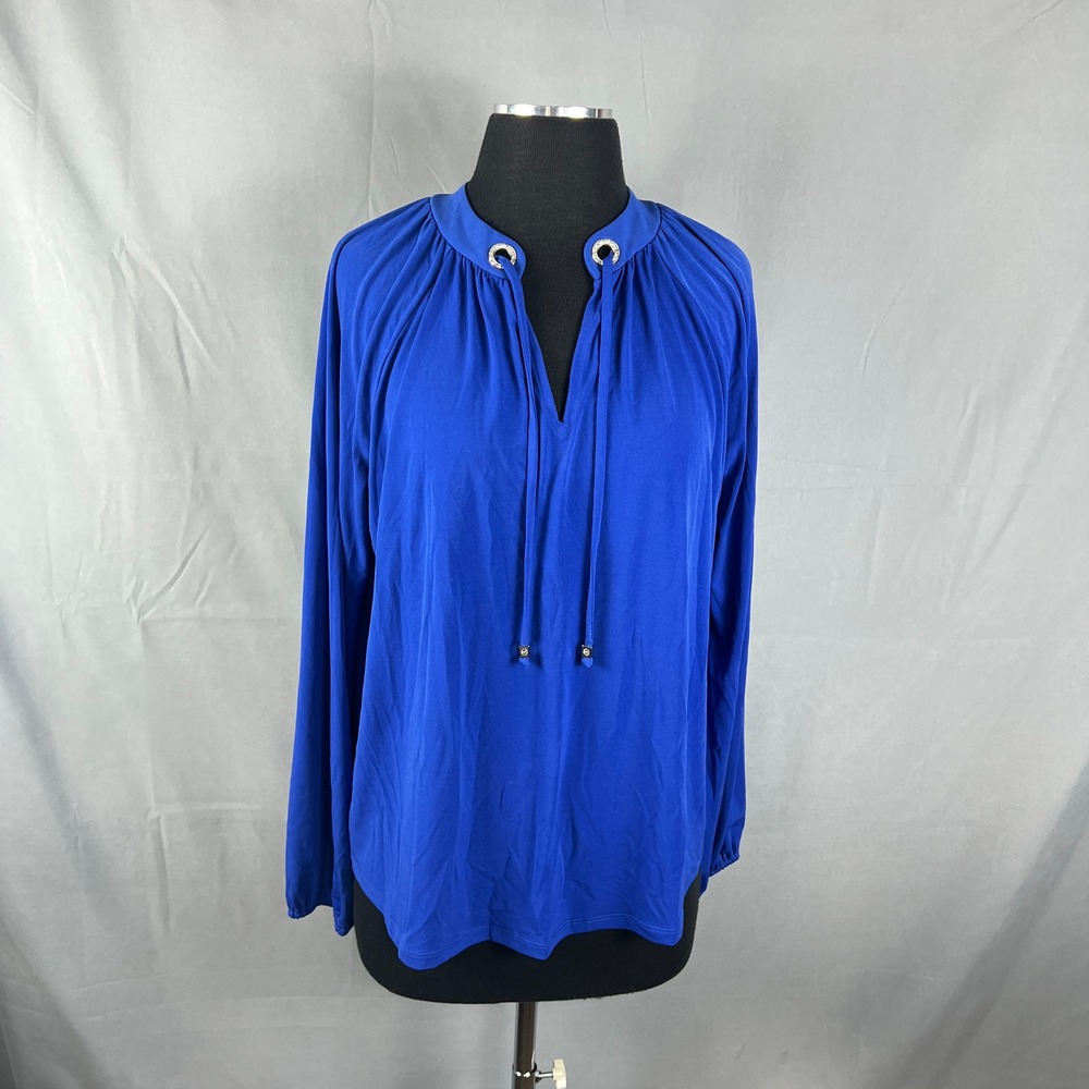 Michael Kors Blouse Top Womens Large Royal Blue Stretch Grommet Tie Split Neck